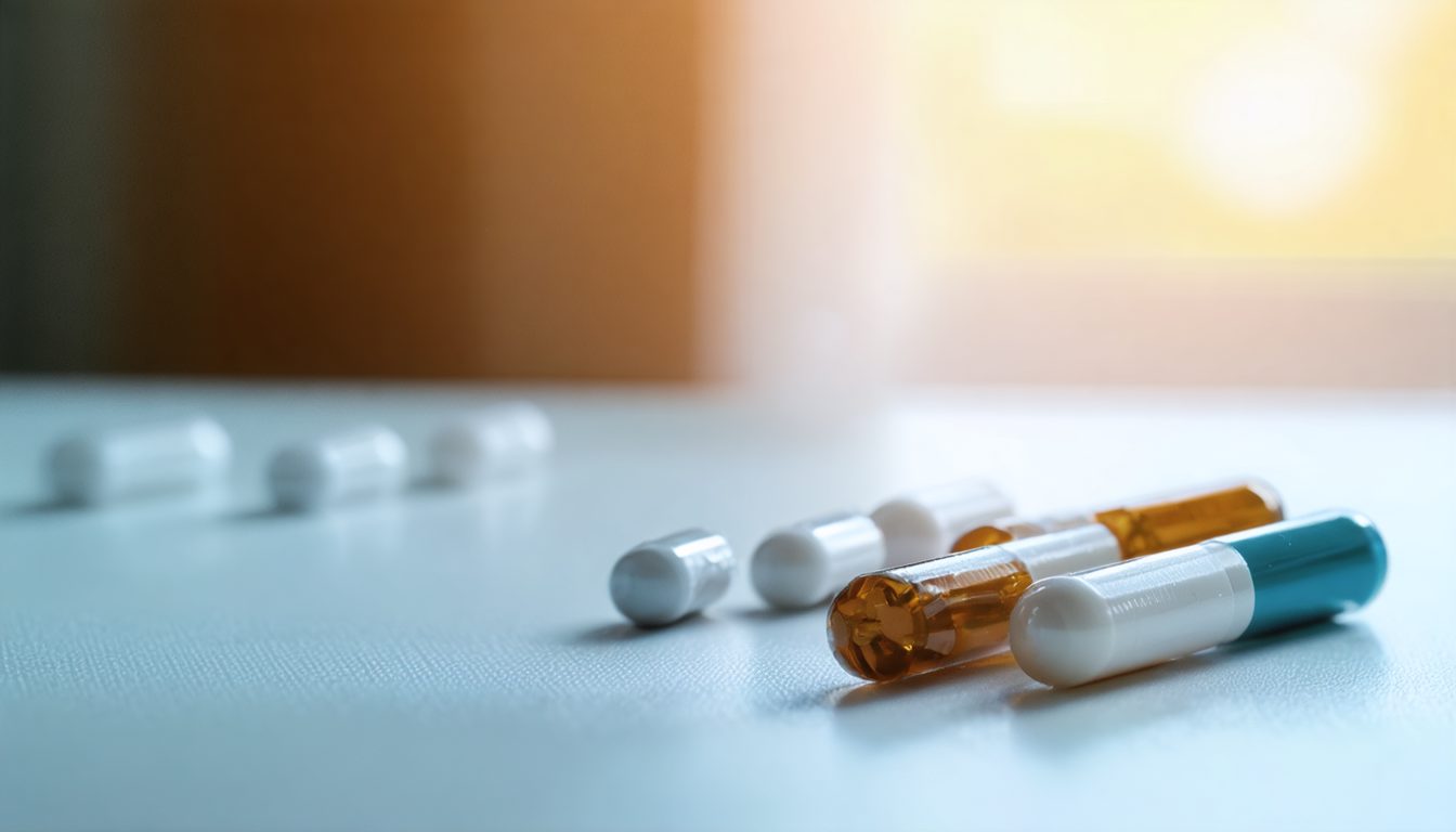 Boîte de comprimés de sildénafil sur une table avec un verre d’eau, symbolisant le traitement des troubles de l’érection et ses usages médicaux